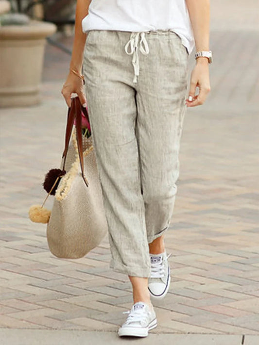 Casual Cotton Linen Pant Women Loose Solid Pockets Elastic Waist Straight Long Trousers Ladies Summer Elegant Office Ninth Pants